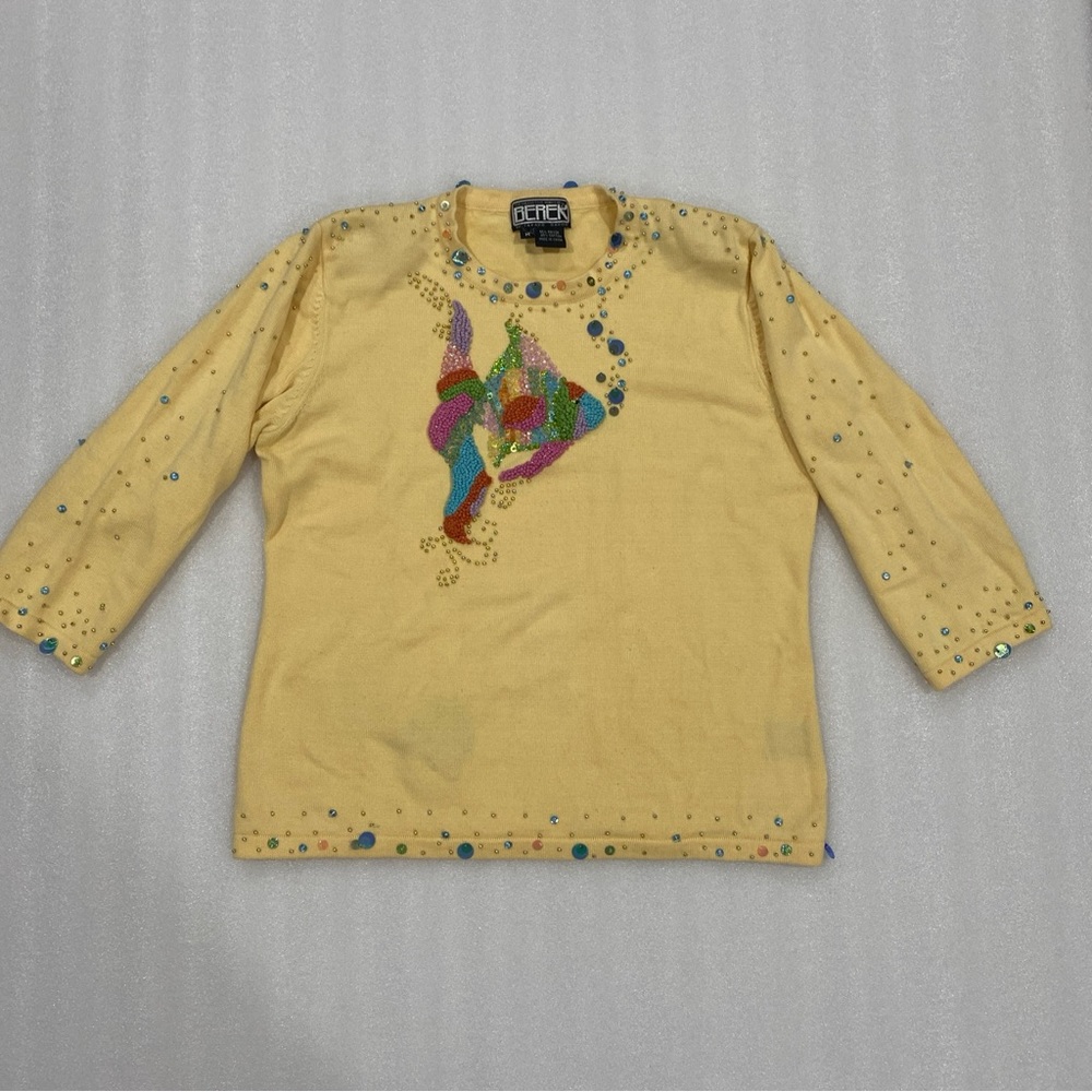 VTG BERKE 3/4 Sleeve Pullover Knit Sweater Top Embellished Fish Sequins Medium